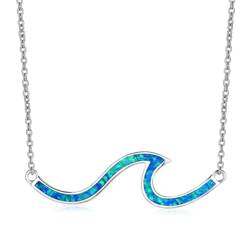 925 Sterling Silver Wave Pendant with Opal + Necklace