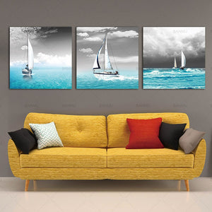 White Sailing Boat Vogue in the Blue Sea (3 pcs)